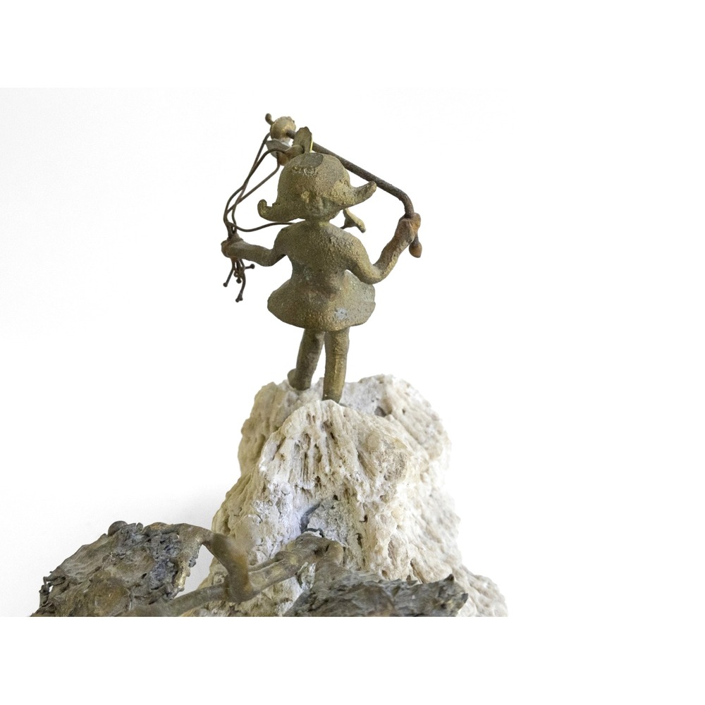 Vintage Brutalist Sculpture Little Girl With Flowers Bronze Stone Base - Picture 7 of 8